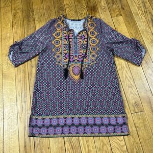 URBAN COCO Boho Tunic Dress Geometric Print‎ Tassel Tie Neck Women's Size L
